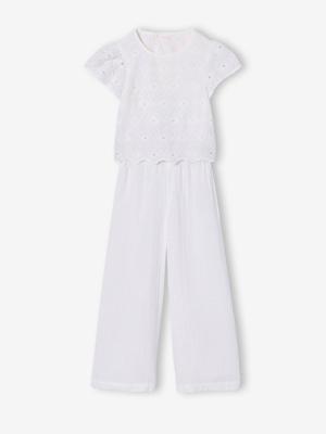 Jumpsuit broek voor meisjes in Engels borduurwerk wit