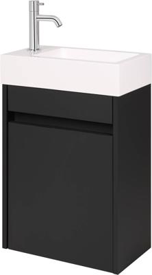 Saqu Florence voorgemonteerd fonteinmeubel in zijdeglans zwart met fontein en chromen kraan links