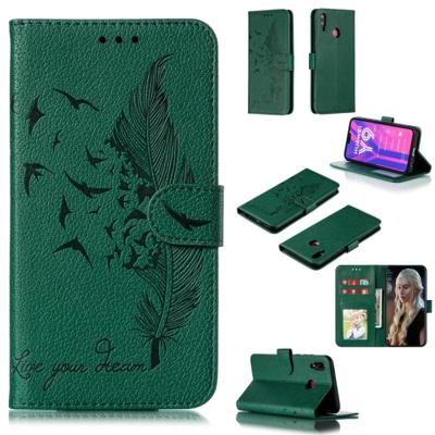 Feather patroon Litchi textuur horizontale Flip lederen draagtas met portemonnee & houder & kaartsleuven voor Huawei Y9 (2019) (groen)