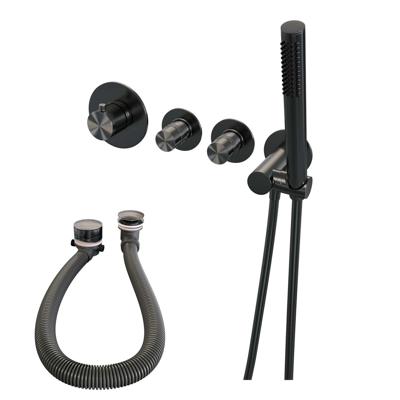 BRAUER Gunmetal Edition thermostatische inbouw badkraan SET 01 met badvulcombinatie en staaf handdouche en doucheslang en wandaansluitbocht gunmetal geborsteld PVD