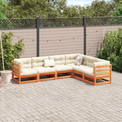 6-delige Loungeset met kussens massief grenenhout wasbruin - thumbnail