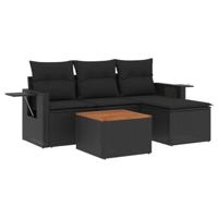 5-delige Loungeset met kussens poly rattan zwart - thumbnail