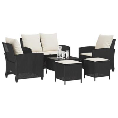 6-delige Loungeset met kussens poly rattan zwart