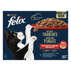 Felix Heerlijke Plakjes Farm Selectie met rund, kip, eend, kalkoen in gelei natvoer kat 12 x 80 g