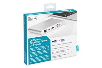 DIGITUS USB-C Docking Station - 11 poorten - 1x HDMI, 1x mDP, 1x VGA (4K@30Hz) - 3x USB 3.0 / USB 2.0, 1x USB Type-C - RJ45 LAN, jack audio, kaartlezer - Zilver