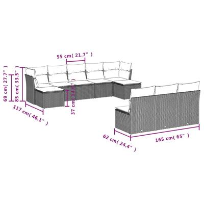 10-delige Loungeset met kussens poly rattan zwart - thumbnail