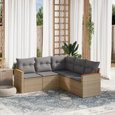 5-delige Loungeset met kussens poly rattan gemengd beige - thumbnail