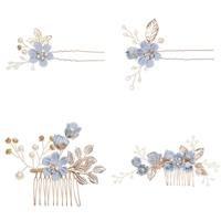 Mode bloem haar kammen hoofdtooi Prom Bridal Wedding haaraccessoires bladgoud haar juwelen haar pinnen (blauwe sets) - thumbnail