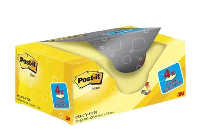 Post-it Notes, ft 38 x 51 mm, geel, blok van 100 vel, pak van 16 + 4 gratis