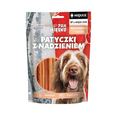 PAN MIĘSKO Sticks with beef and salmon filling - traktatie voor hond - 100g