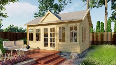 Tuindeco Clockhouse Blokhut 550x400 cm 44 mm vuren blank- Zadeldak- Onbehandeld vurenhout- Tuindeco