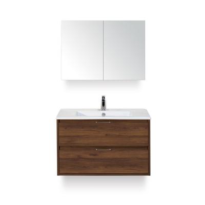 Porto Badmeubelset 90 cm - Walnoot - Keramische Wastafel Wit Slim - met Spiegelkast