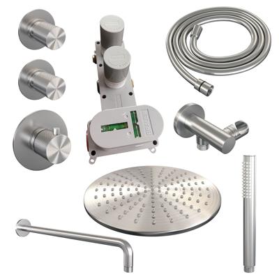 Brauer Brushed Carving Thermostatische Regendoucheset Inbouw - Hoofddouche 30 cm - Gebogen Wandarm - Handdouche Staaf - Doucheslang - Wandaansluitbocht - Rvs