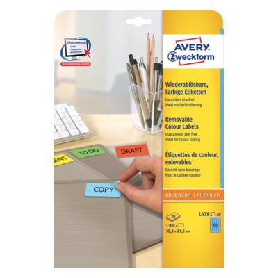 Avery gekleurde etiketten ft 38,1 x 21,2 mm (b x h), afneembaar, blauw, 1300 stuks, 65 per blad Avery gekleurde etiketten ft 38,1 x 21,2 mm (b x h), afneembaar, blauw, 1300 stuks, 65 per blad
