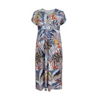 Yoek jurk met bladprint donkerblauw/rood/geel - thumbnail