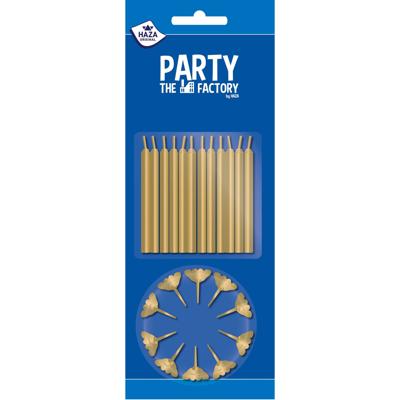 Taartkaarsjes 12 stuks + houders goud 12 stuks