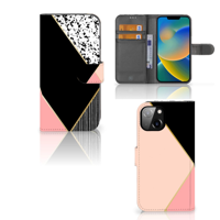 Apple iPhone 14 Book Case Zwart Roze Vormen - thumbnail