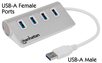 Manhattan USB-A 4-poorts hub, 4x USB-A-poorten, 5 Gbps (USB 3.2 Gen1 oftewel USB 3.0), Bus aangedreven, Snel opladen tot 0.9A, SuperSpeed USB, aluminium behuizing, Windows en Mac, Zilver, 3 jaar garantie