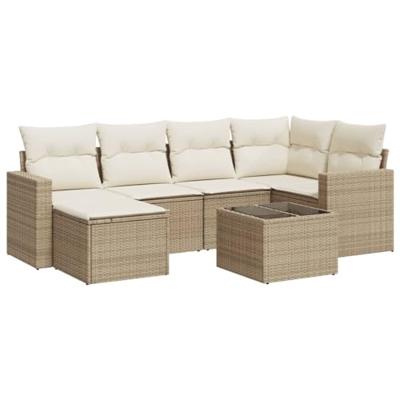 7-delige Loungeset met kussens poly rattan beige