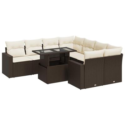 9-delige Loungeset met kussens poly rattan bruin
