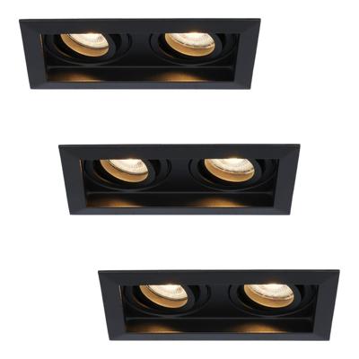 Set van 3 Durham LED Dubbele inbouwspots Rechthoek - 8 watt 690 lumen - 2700K Warm wit - GU10 - Dimbaar Kantelbaar - Voor binnen - Zwart