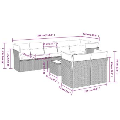 8-delige Loungeset met kussens poly rattan grijs
