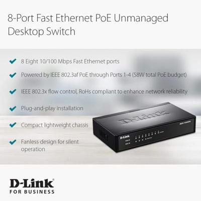D-Link DES-1008PA Netwerk switch 8 poorten 100 MBit/s PoE-functie D-Link DES-1008PA Netwerk switch 8 poorten 100 MBit/s PoE-functie