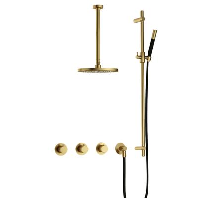 Hotbath Cobber - CB7067 - Inbouw Regendoucheset - Geborsteld Messing PVD - 2 Stopkranen - Thermostatisch - Plafondbuis 30 cm - Hoofddouche 200 mm - Staafhanddouche - Glijstang 900 mm - Waterbesparend