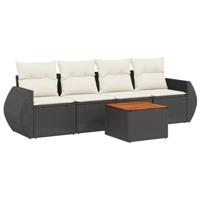 5-delige Loungeset met kussens poly rattan zwart - thumbnail