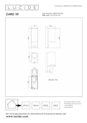 Lucide ZARO - Wandspot / Wandlamp Binnen/Buiten - 2xGU10 - IP65 - Beweging & dag/nacht sensor (uitschakelbaar) - Zwart