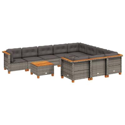 10-delige Loungeset met kussens poly rattan grijs