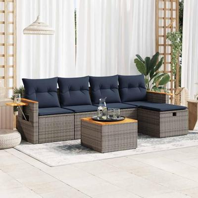 6-delige Loungeset met kussens poly rattan grijs