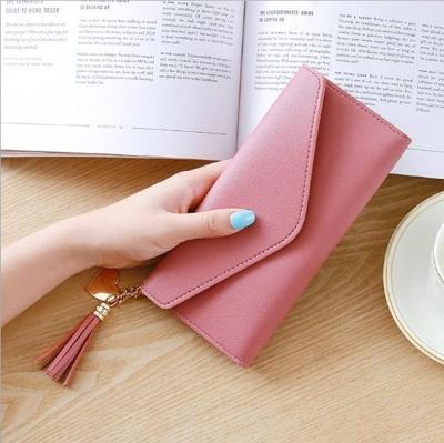 Lange portefeuille vrouwen portemonnees kwast mode Coin Purse kaarthouder portefeuilles vrouwelijke koppeling PU lederen portemonnee (donker roze)