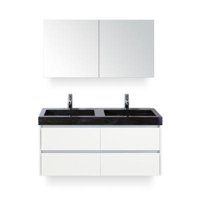 Dante Badmeubelset 120 cm - Wit Hoogglans - Wastafel Hardsteen Wit Lucca Dubbel - met Spiegelkast