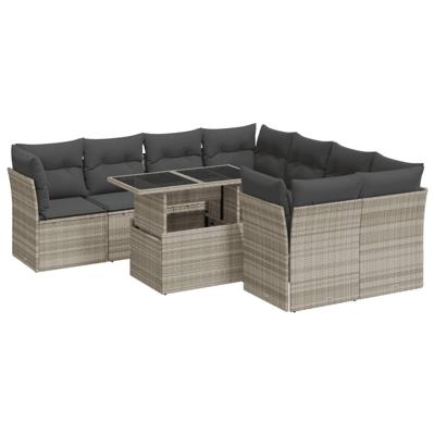 9-delige Loungeset met kussens poly rattan lichtgrijs