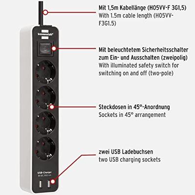 Brennenstuhl ecolor stekkerdoos 4-voudig met 2 USB-laadbussen (stekkerdoos USB met schakelaar en 1,5 m kabel) - 1153240026 - thumbnail