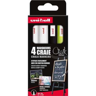 Uni-ball krijtmarker, ronde punt van 0,9-1,3 mm, etui van 4 stuks, assorti Uni-ball krijtmarker, ronde punt van 0,9-1,3 mm, etui van 4 stuks, assorti