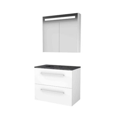 Basic-Line Premium 46 Badkamermeubelset - 80 x 46 cm - Met Grepen - 2 Lades - Hardstenen Wastafel - Zonder Kraangat - Spiegelkast met LED Verlichting - Ice White