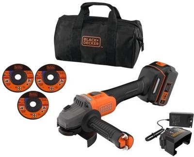 Accu haakse slijper + 4Ah accu + lader - BLACK&DECKER - BCG6L8F1S-QW - Borstelloos - 18V - 115m - Met 3 schijven en draagtas