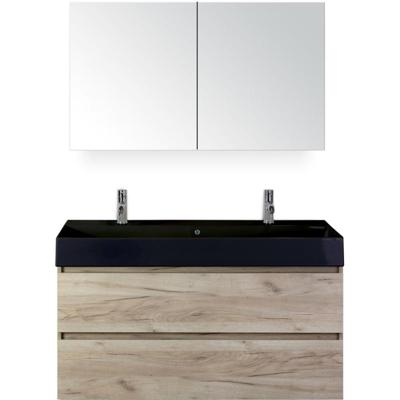 Maxx XL Badmeubelset 120 cm - Craft Oak - Wastafel Kube Enkel Zwart 2 Kraangaten met Spiegelkast