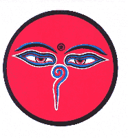 Sticker Boeddha's Ogen Rond Rood-Blauw - thumbnail