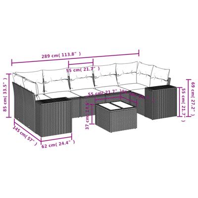 8-delige Loungeset met kussens poly rattan zwart - thumbnail