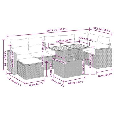 8-delige Loungeset met kussens poly rattan zwart