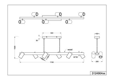 Trio HanglampMarley 6-lichts zwart met hout - 312490632