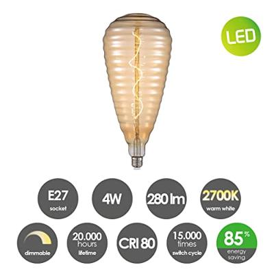 Edison Vintage E27 LED filament lichtbron Hive | Spiraal | Retro LED lamp | 16/16/35cm | Amber | geschikt voor E27 fitting | Dimbaar | 4W 280lm 2700K | warm wit licht