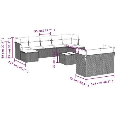 9-delige Loungeset met kussens poly rattan zwart