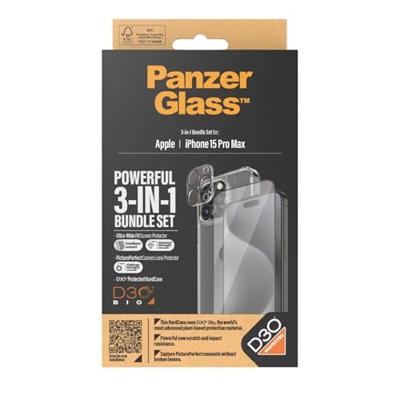 PanzerGlass Apple iPhone 15 Pro Max 2023 6,7 inch ultieme bescherming 3-in-1 bundel - ClearCase met D3O + UWF-schermbeschermer + cameralensbeschermer | Volledige 360 val- en krasbescherming, eenvoudig
