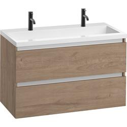 Saqu Gaia badmeubel incl. glans witte wastafel met 2 kraangaten 100x52x64cm toffee - aluminium greeplijst