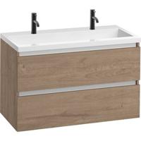 Saqu Gaia badmeubel incl. glans witte wastafel met 2 kraangaten 100x52x64cm toffee - aluminium greeplijst - thumbnail