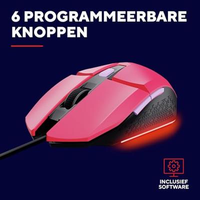 Trust GXT109P FELOX Gaming-muis Kabelgebonden Optisch Pink 6 Toetsen 6400 dpi Verlicht Trust GXT109P FELOX Gaming-muis Kabelgebonden Optisch Pink 6 Toetsen 6400 dpi Verlicht